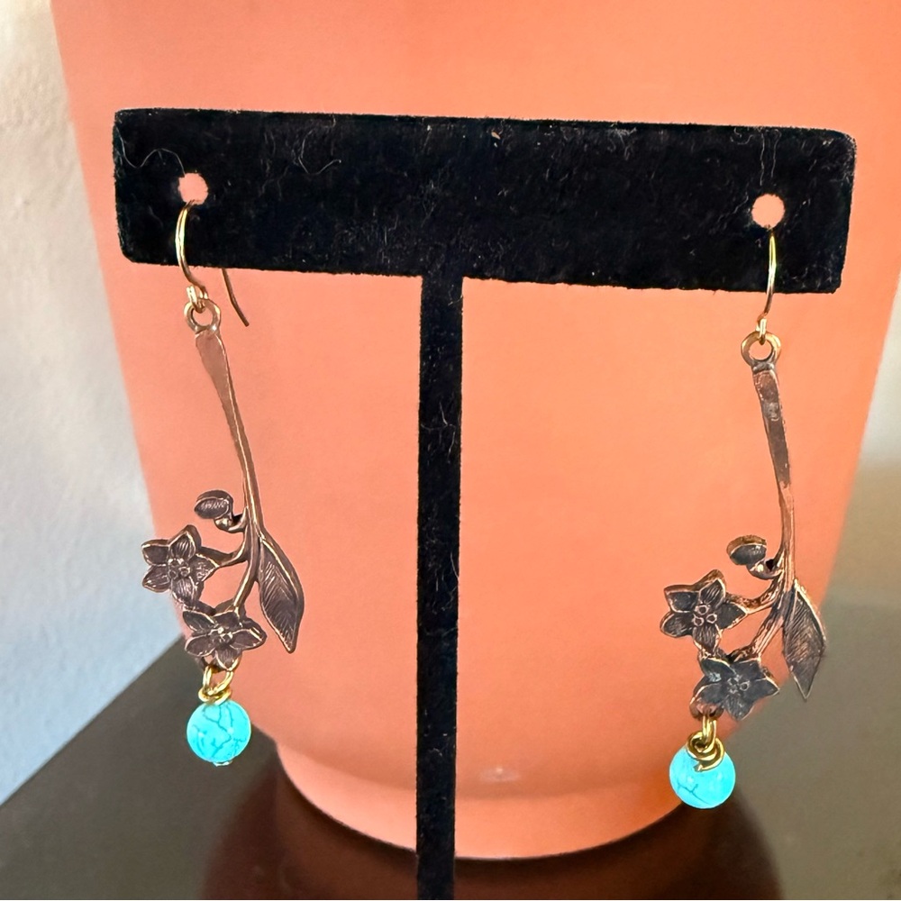 Handmade Floral Copper and Turquoise Earrings